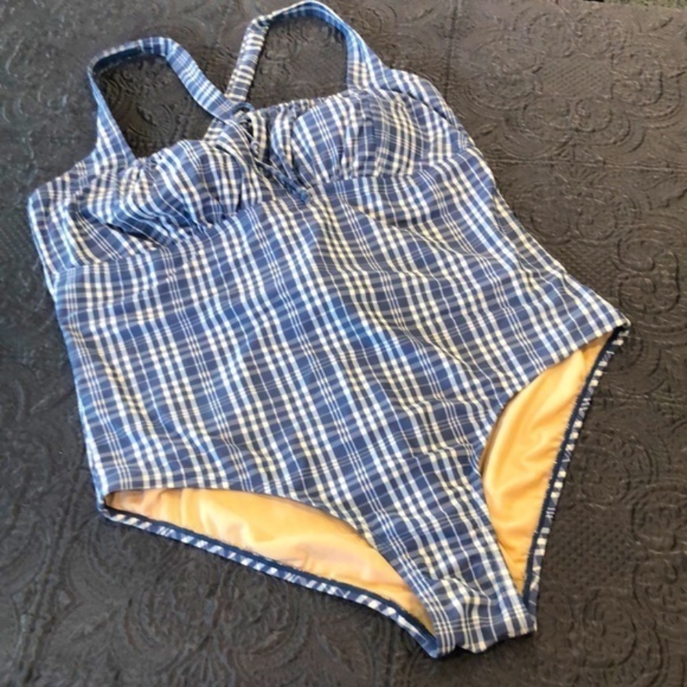 Kona Sol bathing suit Women’s checkered one piece blue white ‎ plus 22W nwot
